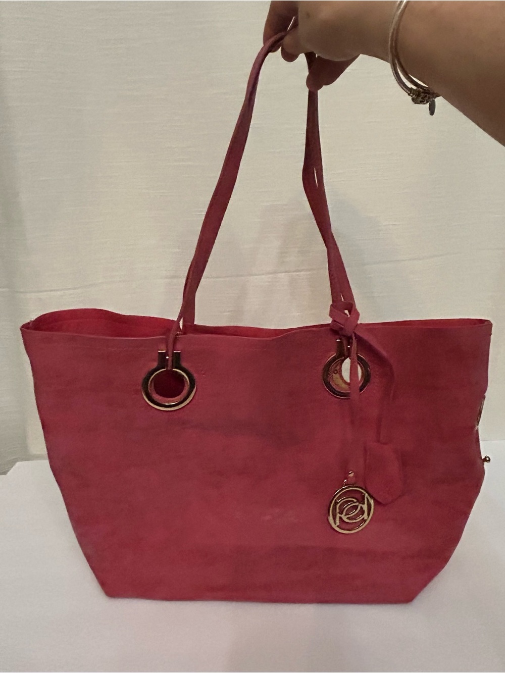 Vintage Bebe Vegan Suede Iris Tote Bag in Hibiscus Red with Gold‎ Accent